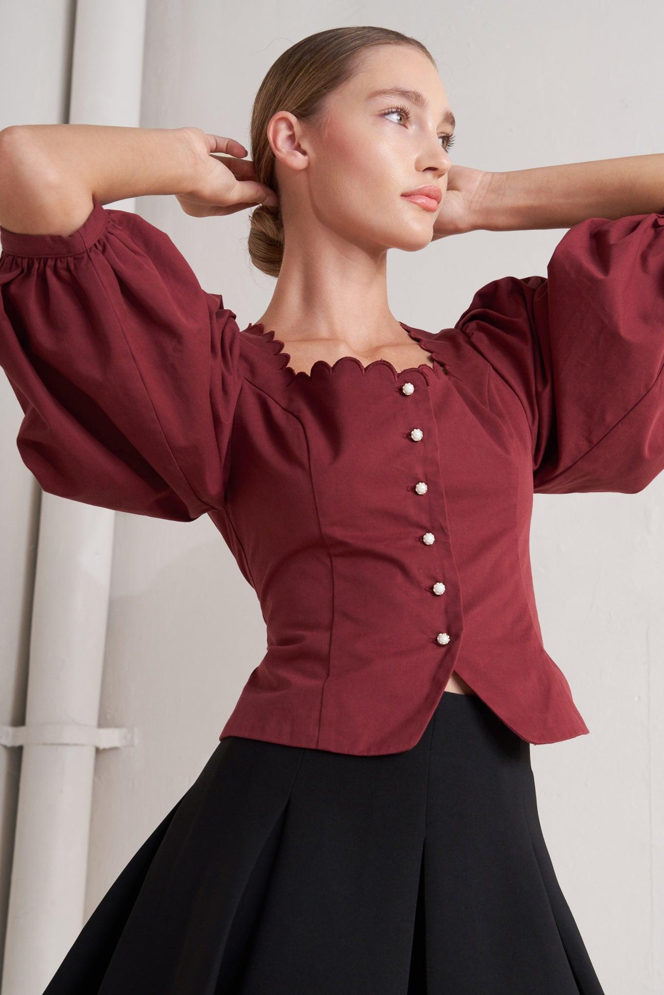 Amour Scallop Woven Top in maroon, view 5 — Soul Flow Apparel