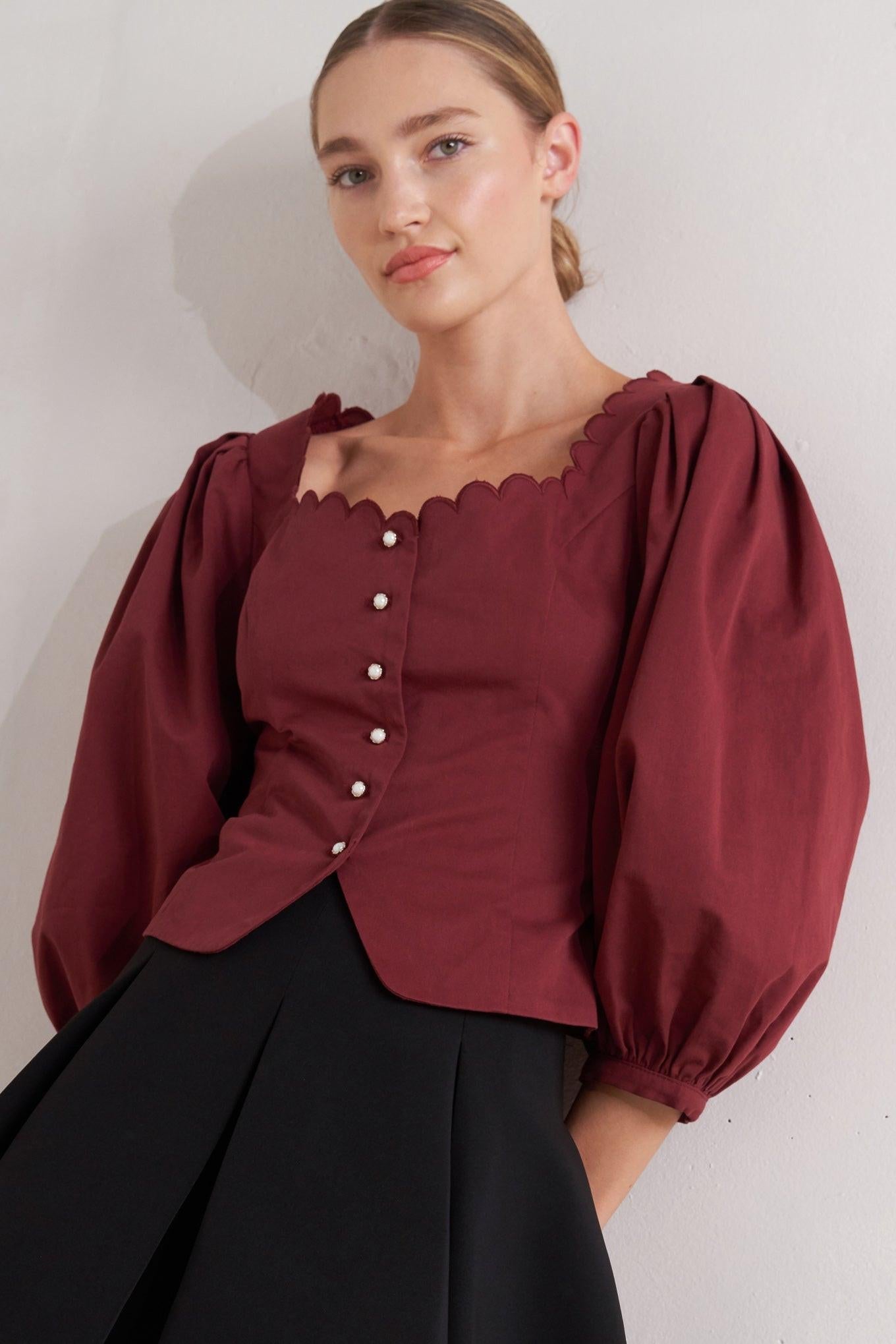 Amour Scallop Woven Top in maroon, view 6 — Soul Flow Apparel