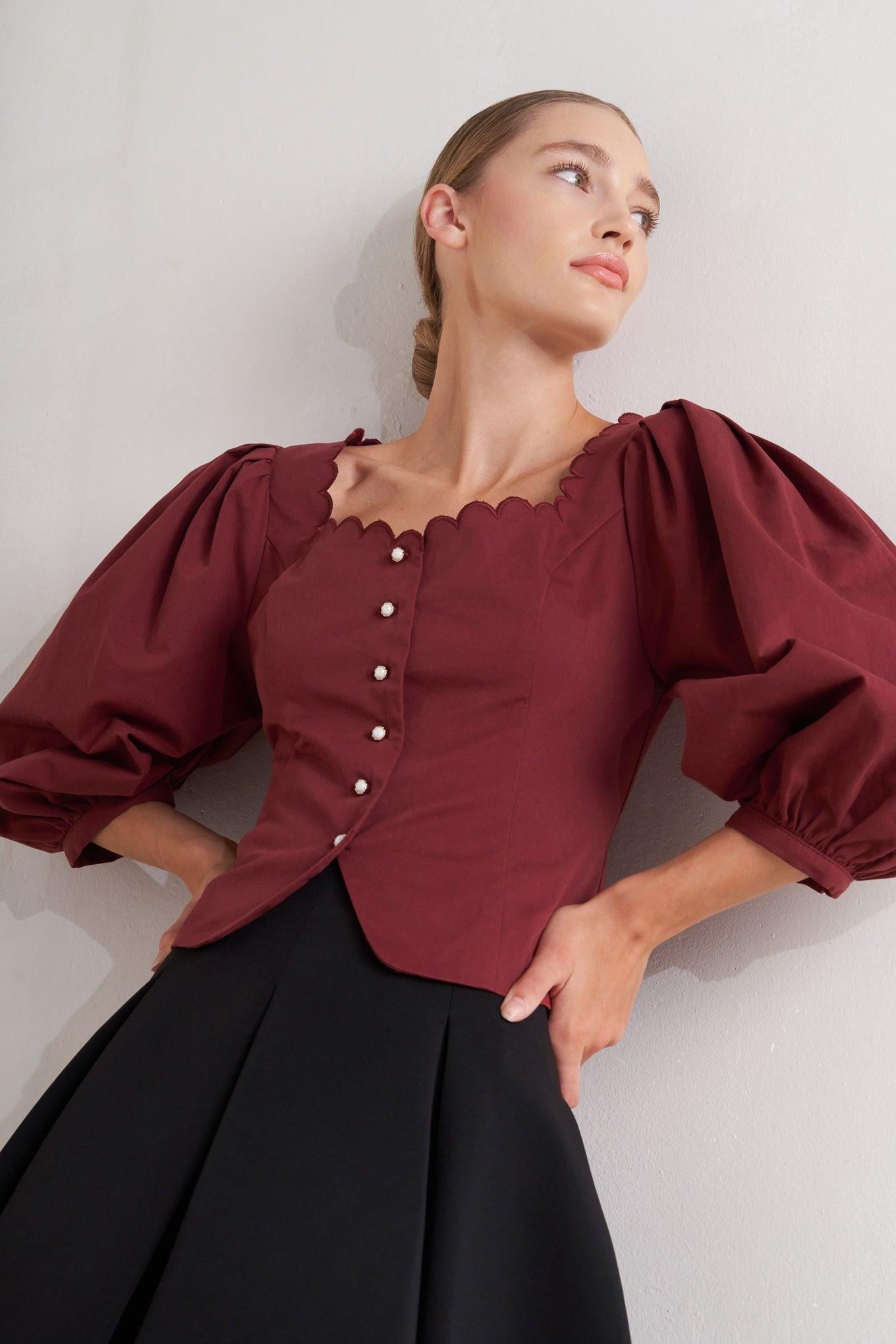 Amour Scallop Woven Top in maroon, view 7 — Soul Flow Apparel