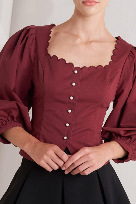 Amour Scallop Woven Top in maroon, view 8 — Soul Flow Apparel