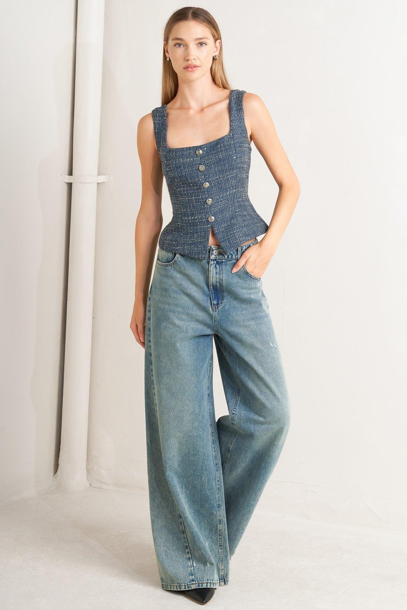 Studio Femme Look Tweed Top in light navy, view 2 — Soul Flow Apparel