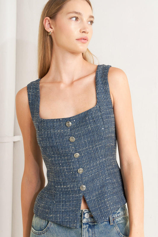 Studio Femme Look Tweed Top in light navy, view 3 — Soul Flow Apparel