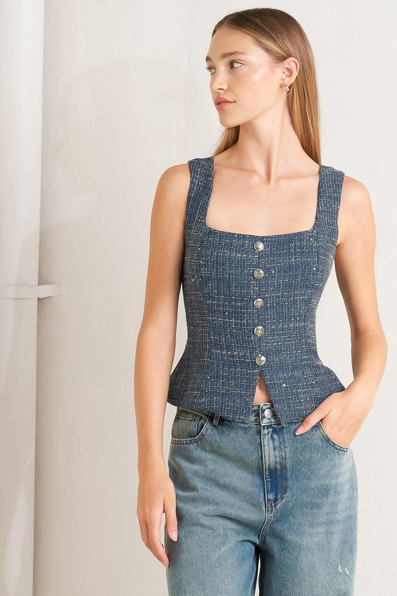 Studio Femme Look Tweed Top in light navy, view 4 — Soul Flow Apparel
