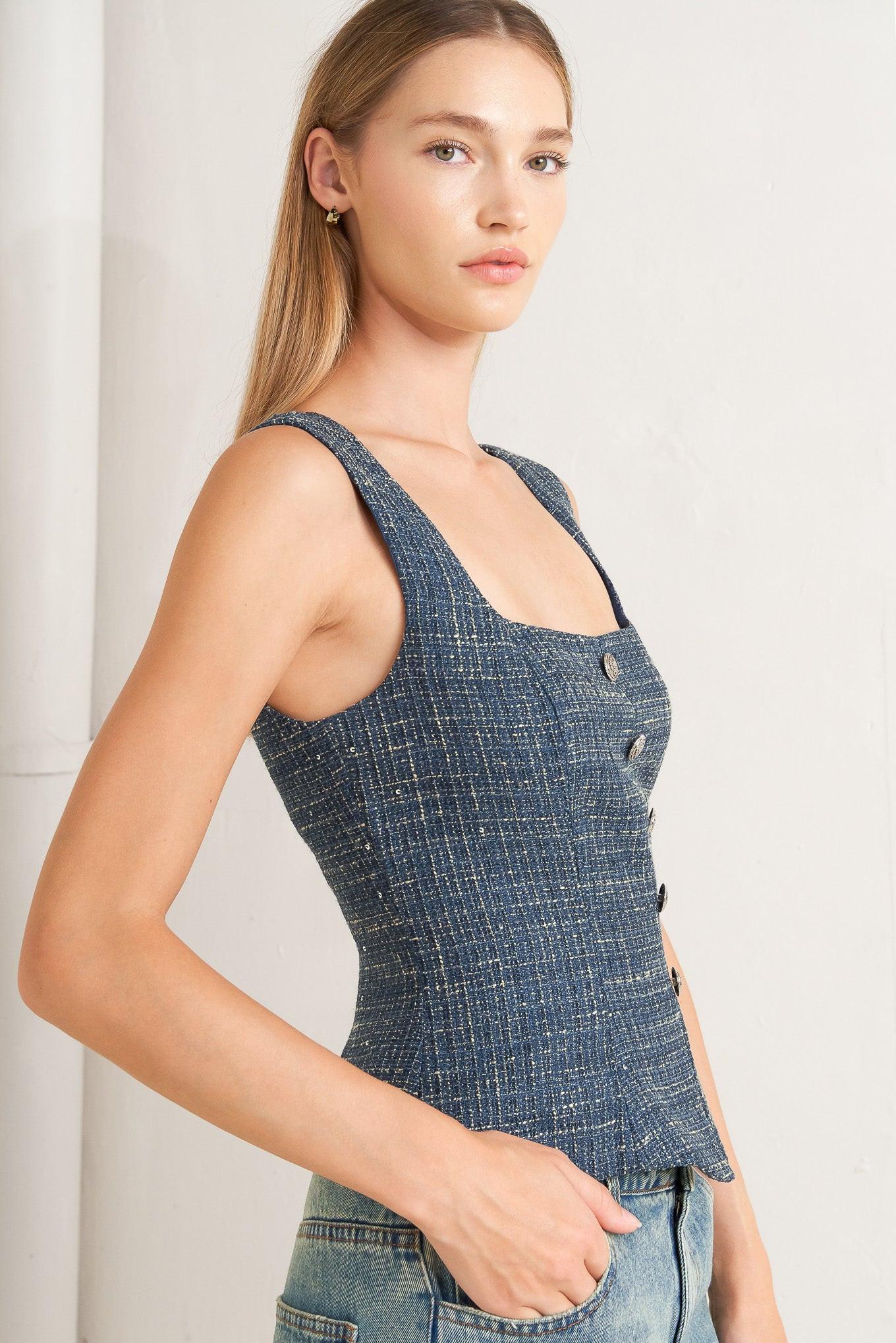 Studio Femme Look Tweed Top in light navy, view 5 — Soul Flow Apparel