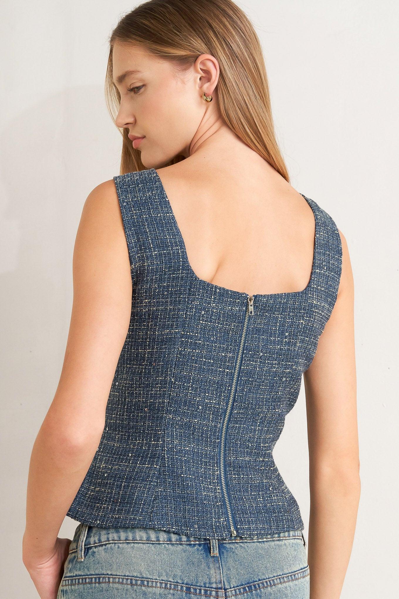 Studio Femme Look Tweed Top in light navy, view 6 — Soul Flow Apparel