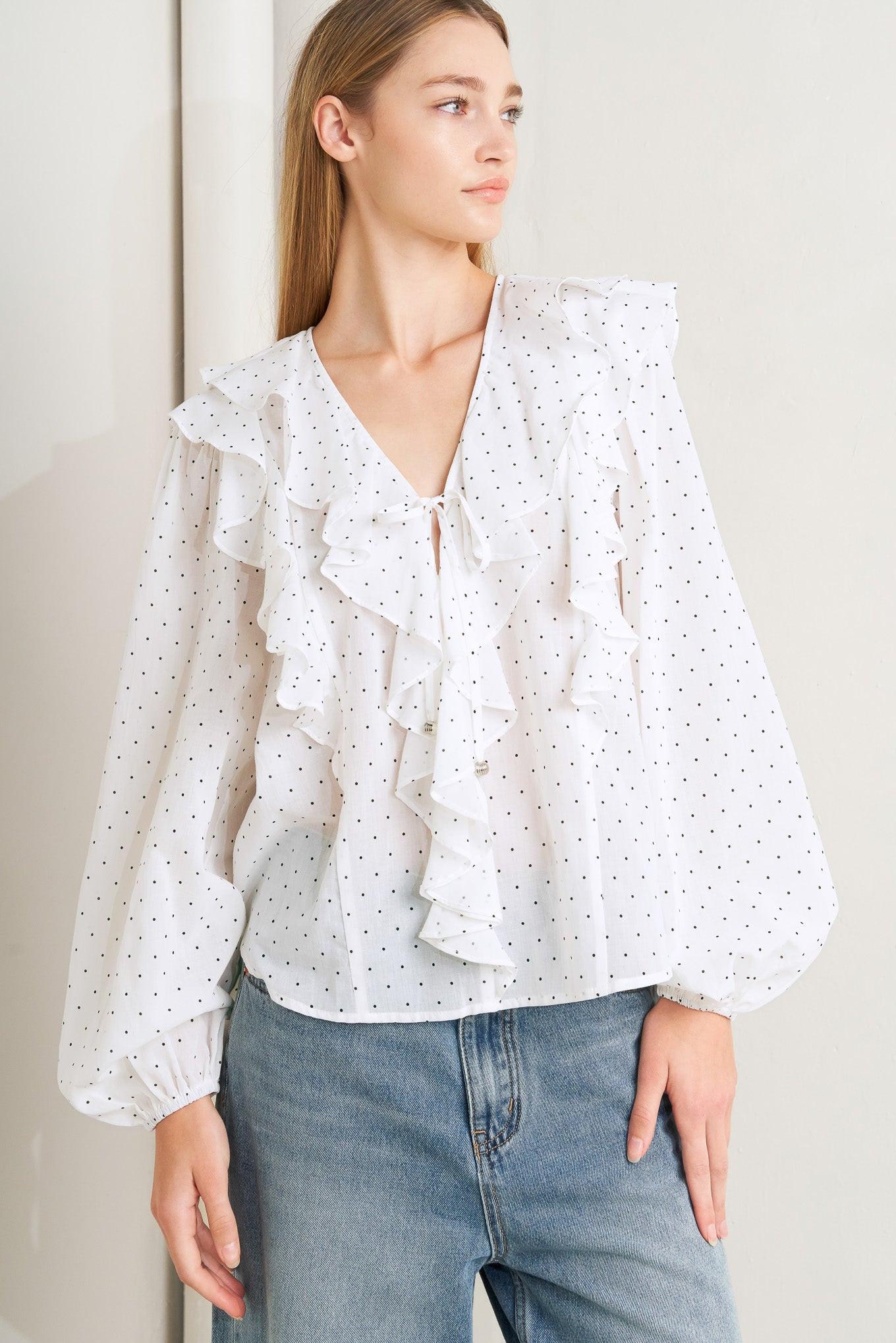 Made of Dreams Polka Dot Woven Top in white black, view 1 — Soul Flow Apparel