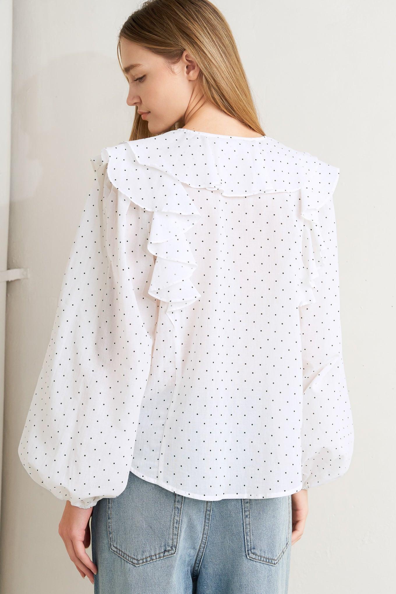 Made of Dreams Polka Dot Woven Top in white black, view 3 — Soul Flow Apparel