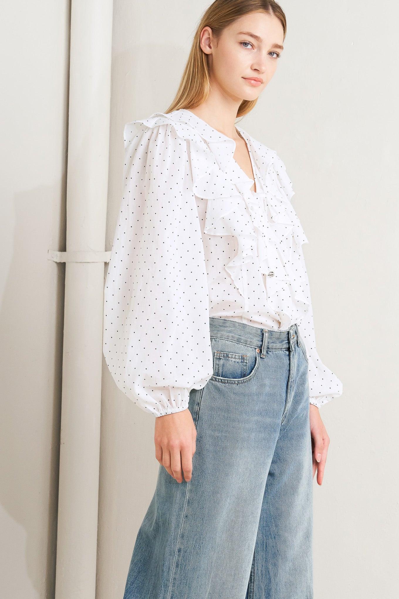 Made of Dreams Polka Dot Woven Top in white black, view 5 — Soul Flow Apparel