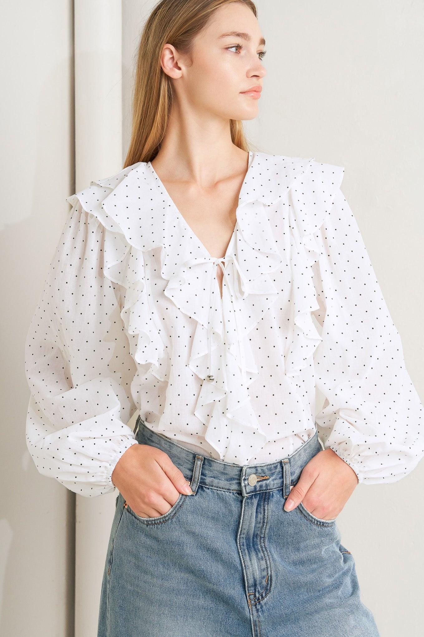 Made of Dreams Polka Dot Woven Top in white black, view 6 — Soul Flow Apparel