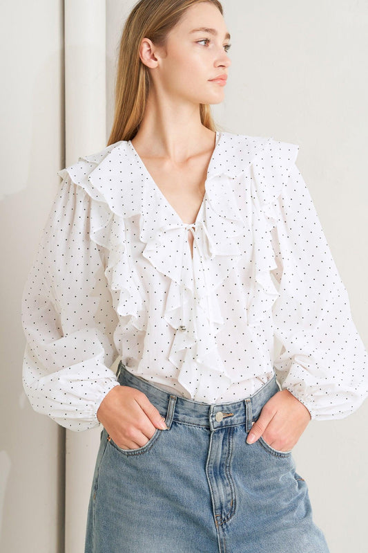 Made of Dreams Polka Dot Woven Top in white black, view 6 — Soul Flow Apparel