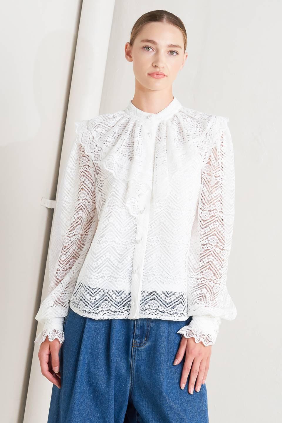 Cloud Romance Woven Lace Top in off-white, view 1 — Soul Flow Apparel