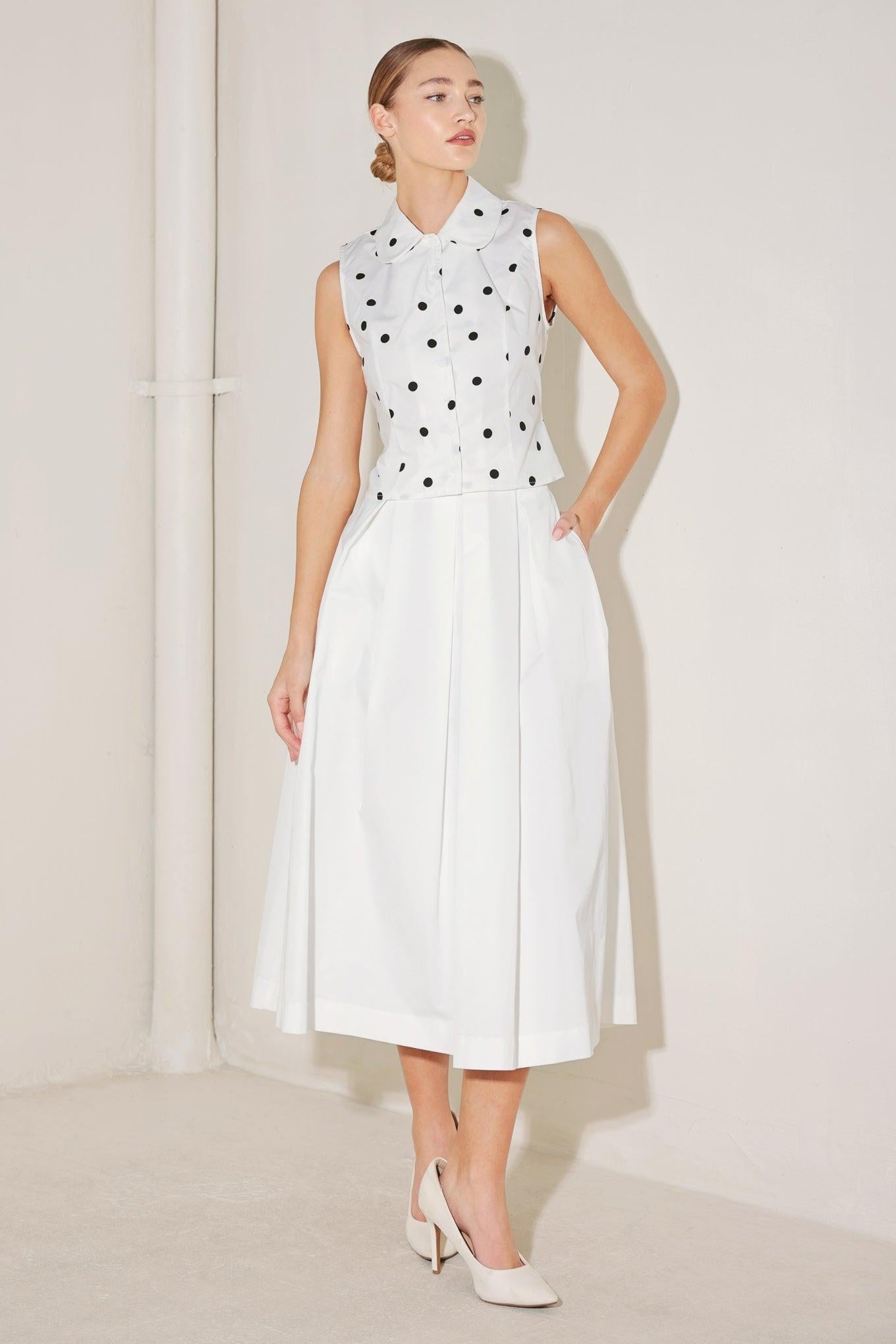 Café Noir Polka Woven Top in white black, view 1 — Soul Flow Apparel