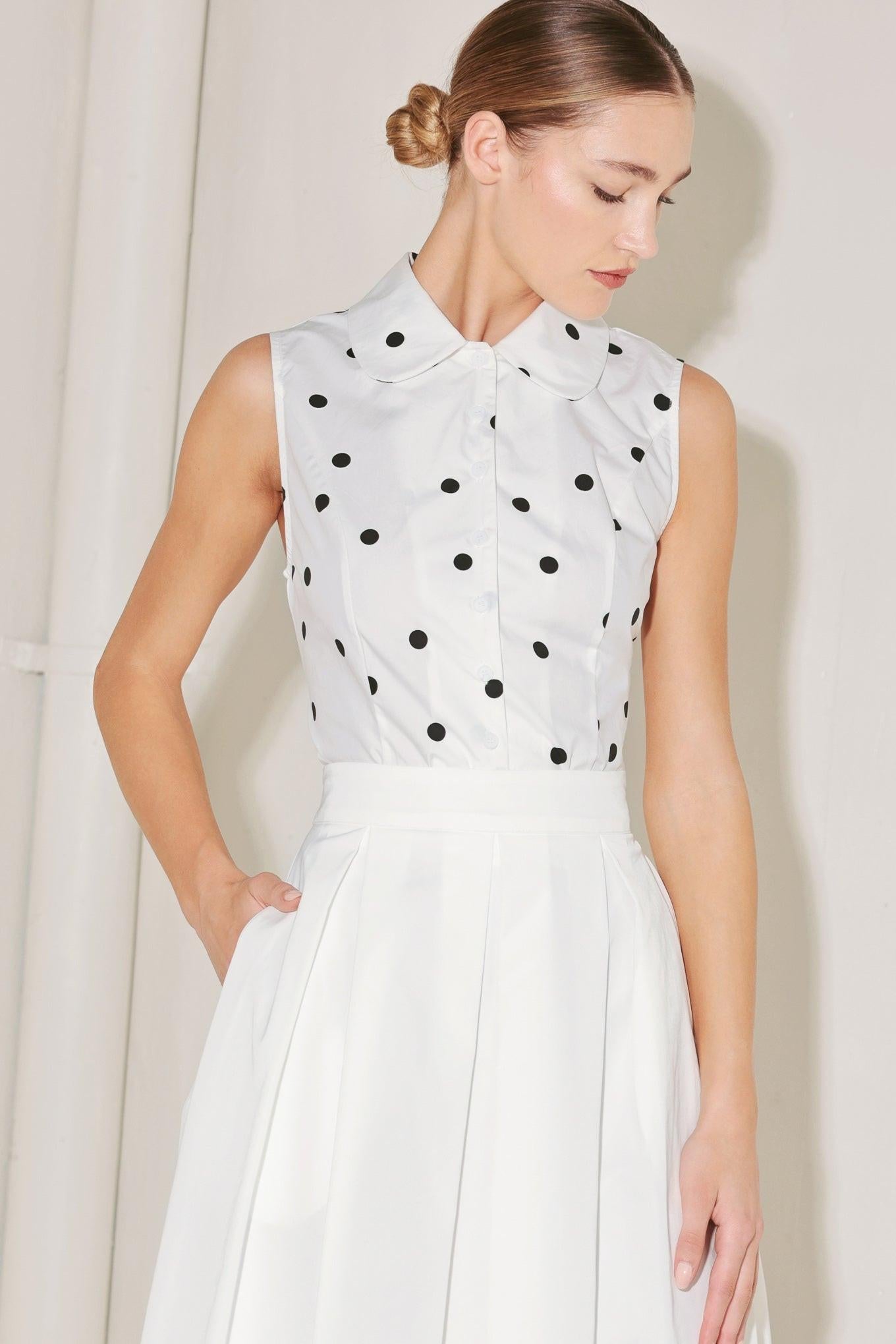 Café Noir Polka Woven Top in white black, view 7 — Soul Flow Apparel