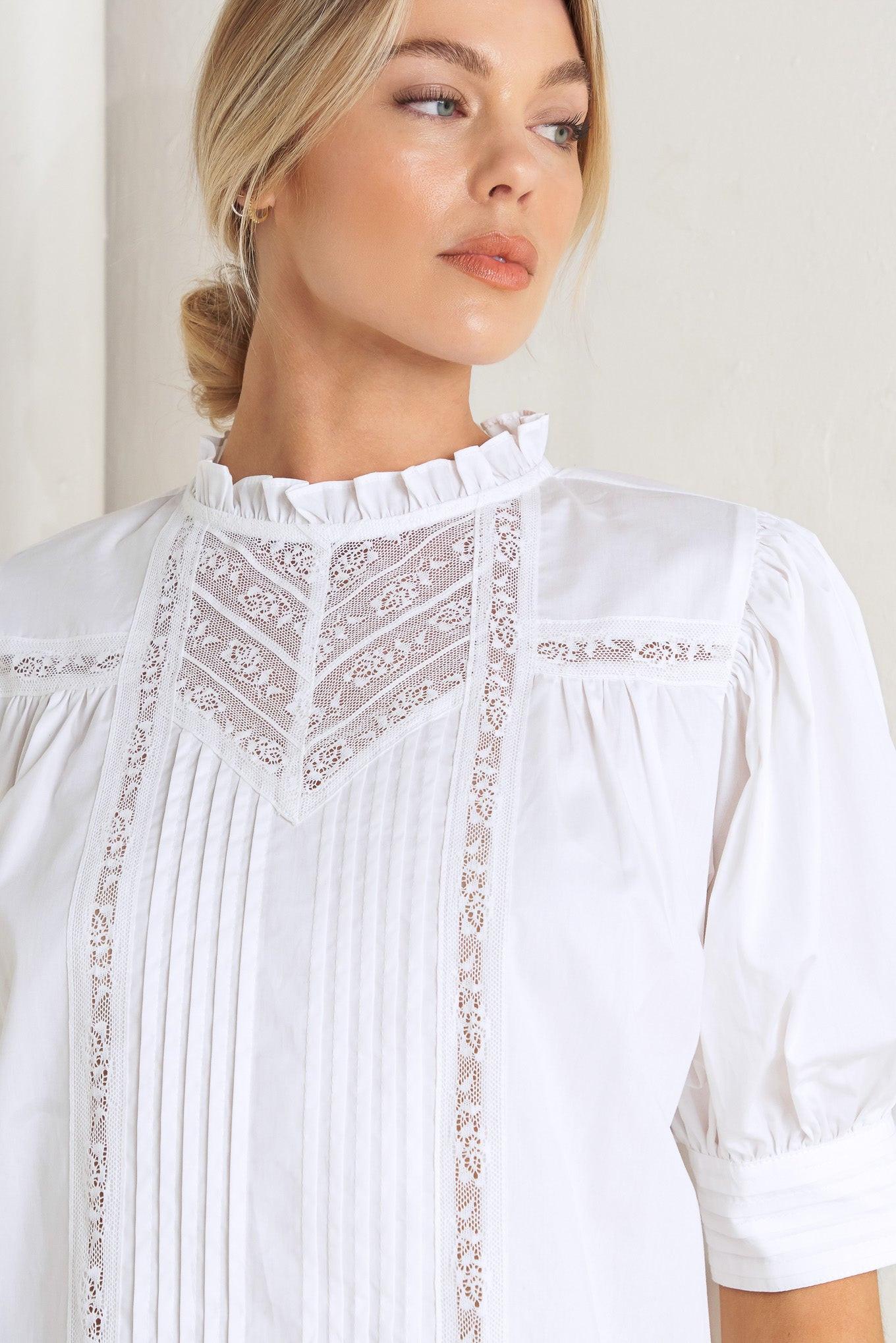 Pure Poetry Victorian Woven Top in white, view 2 — Soul Flow Apparel