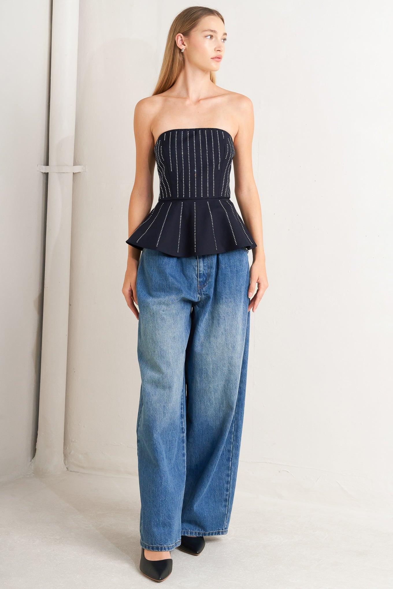 Geometric Edge Woven Top in navy, view 1 — Soul Flow Apparel