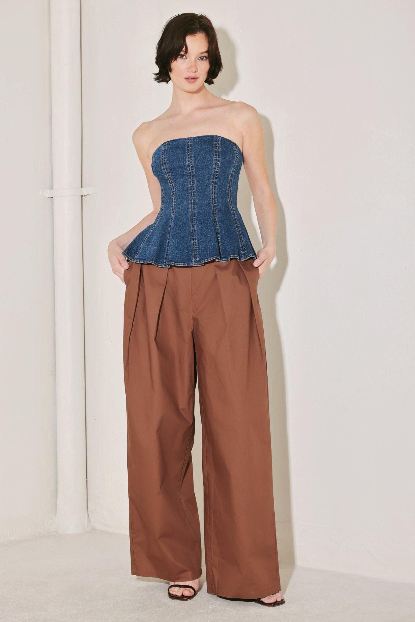 Power Play Denim Top in medium indigo, view 1 — Soul Flow Apparel