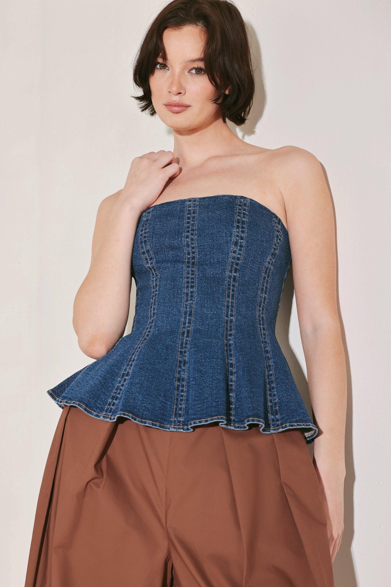 Power Play Denim Top in medium indigo, view 3 — Soul Flow Apparel