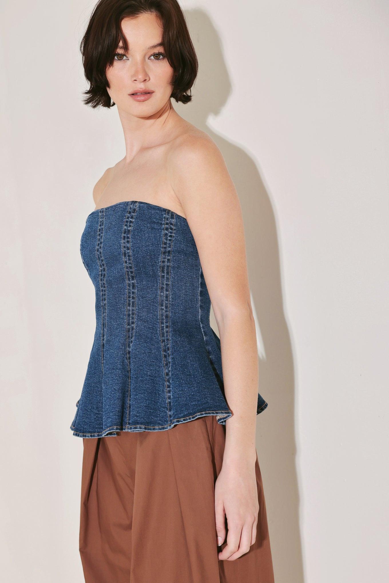 Power Play Denim Top in medium indigo, view 5 — Soul Flow Apparel