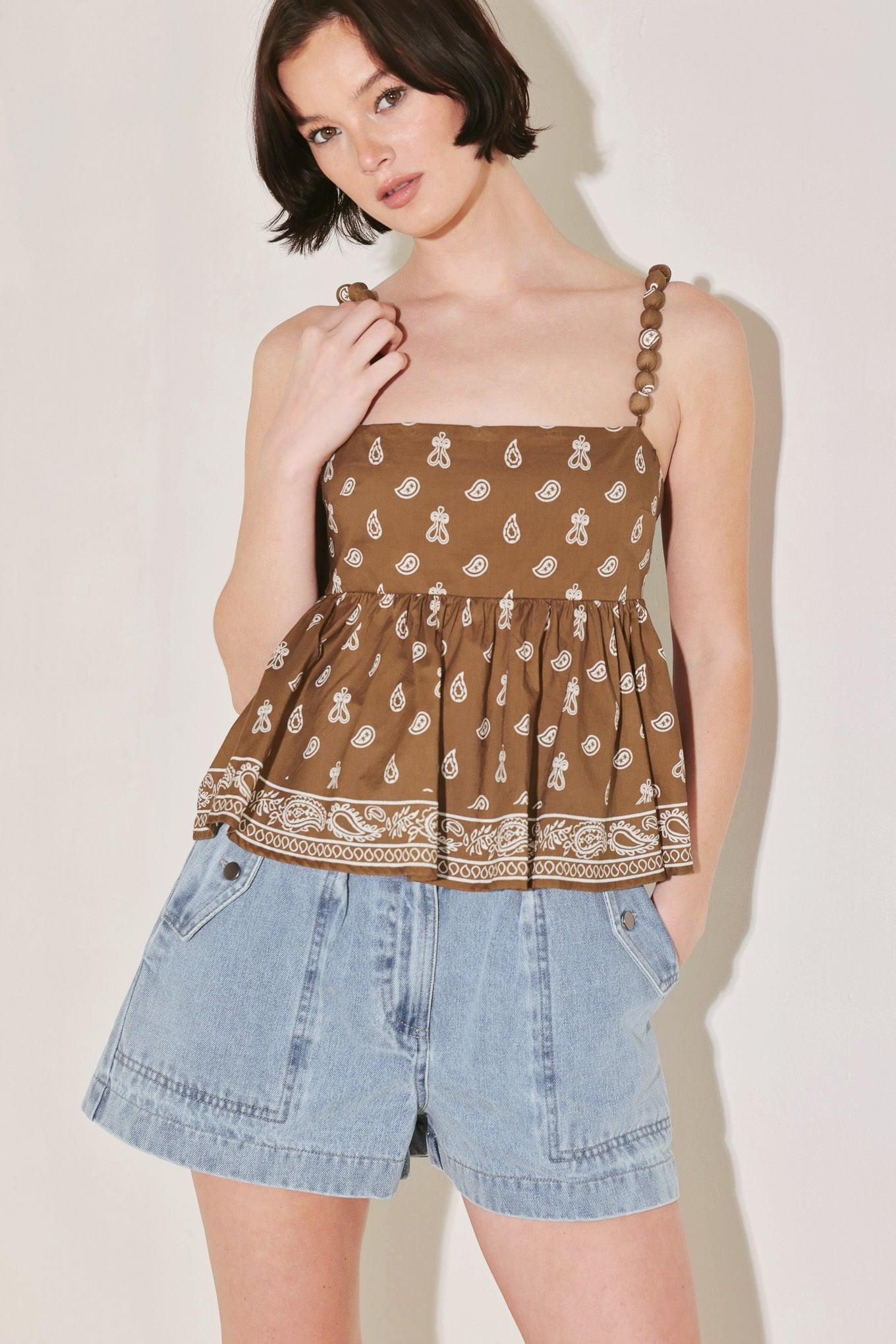 Free Spirit Mode Woven Top in brown white, view 1 — Soul Flow Apparel