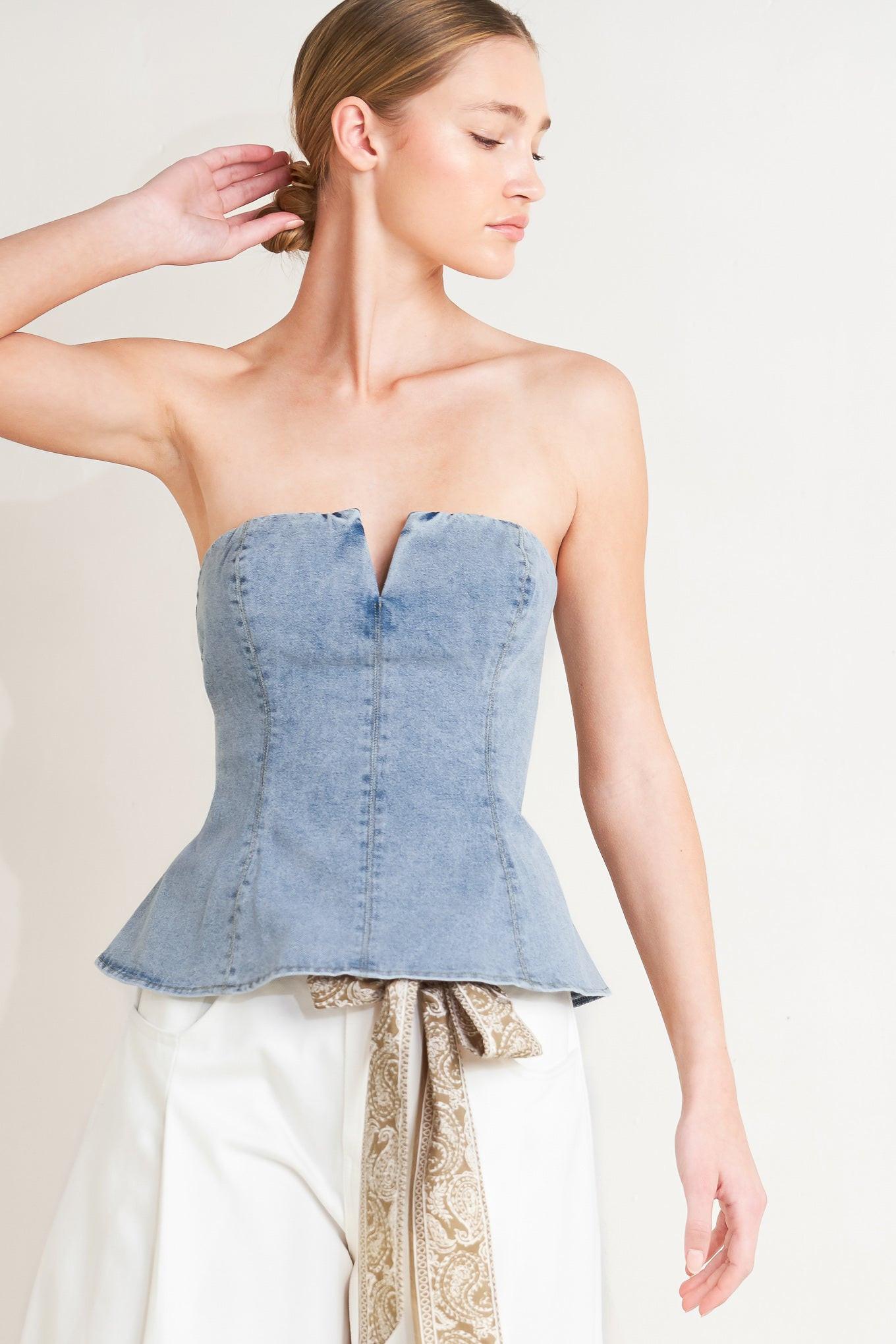 Modern Mermaid Corset Denim Top in light, view 3 — Soul Flow Apparel