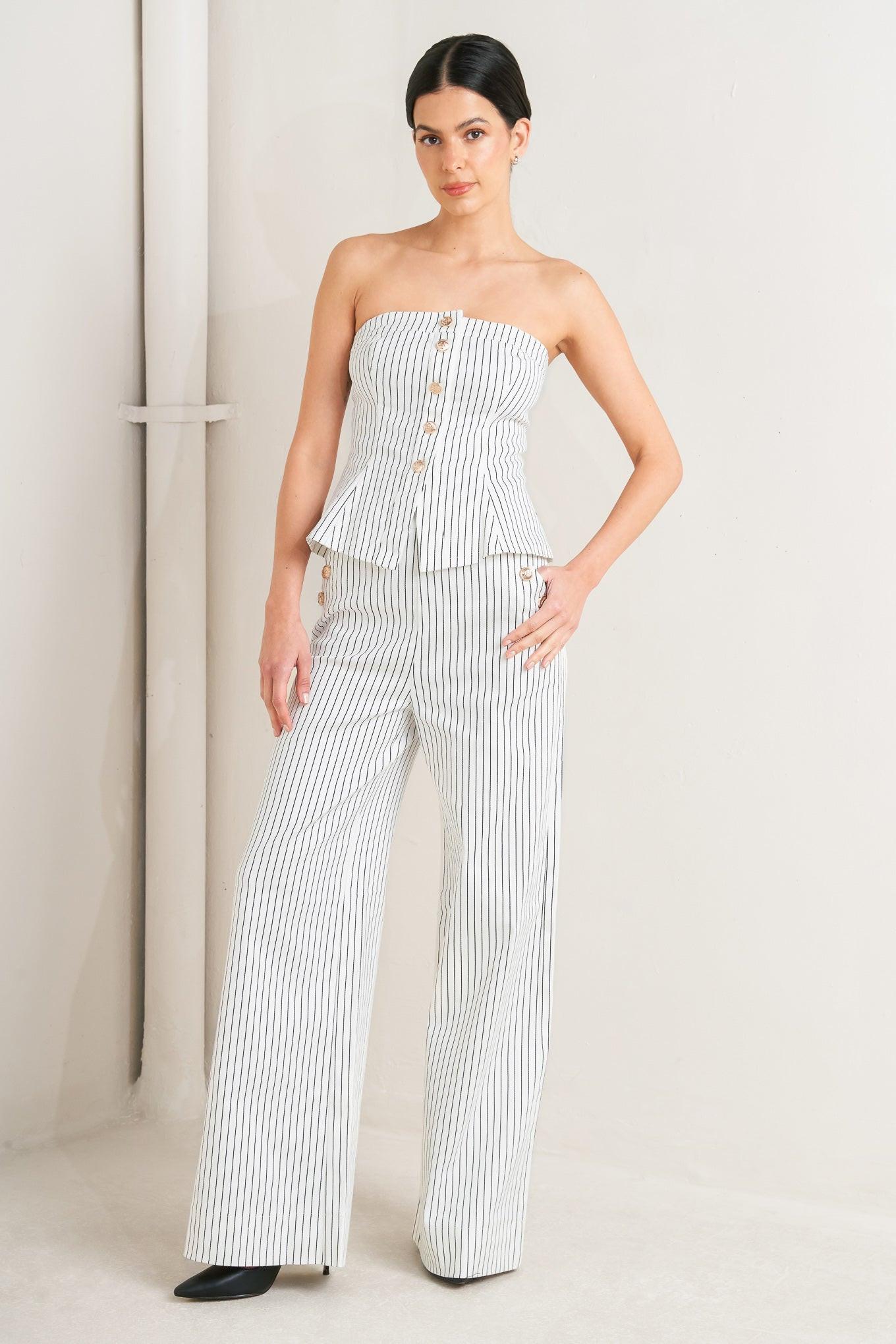 Effortless Form Stripe Woven Twill Top in white, view 1 — Soul Flow Apparel