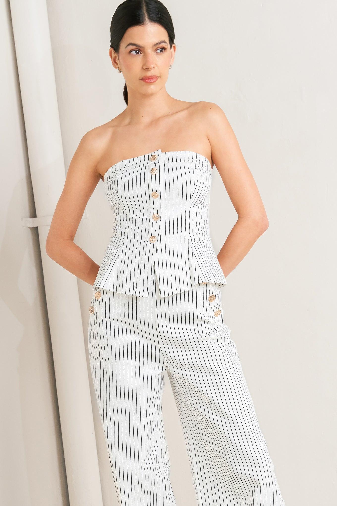 Effortless Form Stripe Woven Twill Top in white, view 2 — Soul Flow Apparel