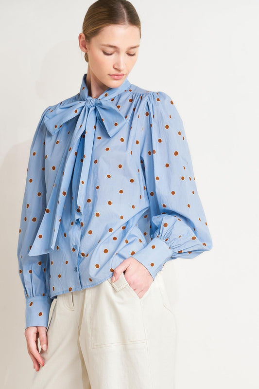The Polka Power Move Woven Top in light blue multi, view 4 — Soul Flow Apparel