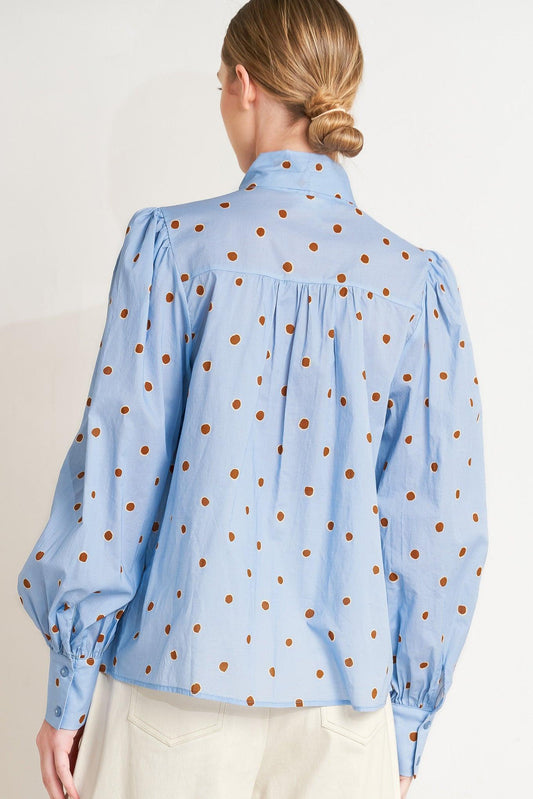 The Polka Power Move Woven Top in light blue multi, view 6 — Soul Flow Apparel