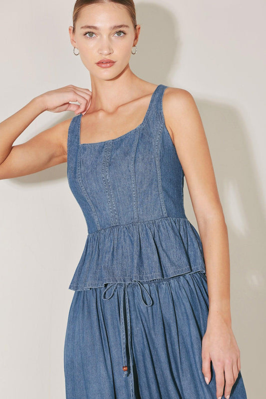 Soft Rebel Volume Woven Top in medium indigo, view 1 — Soul Flow Apparel