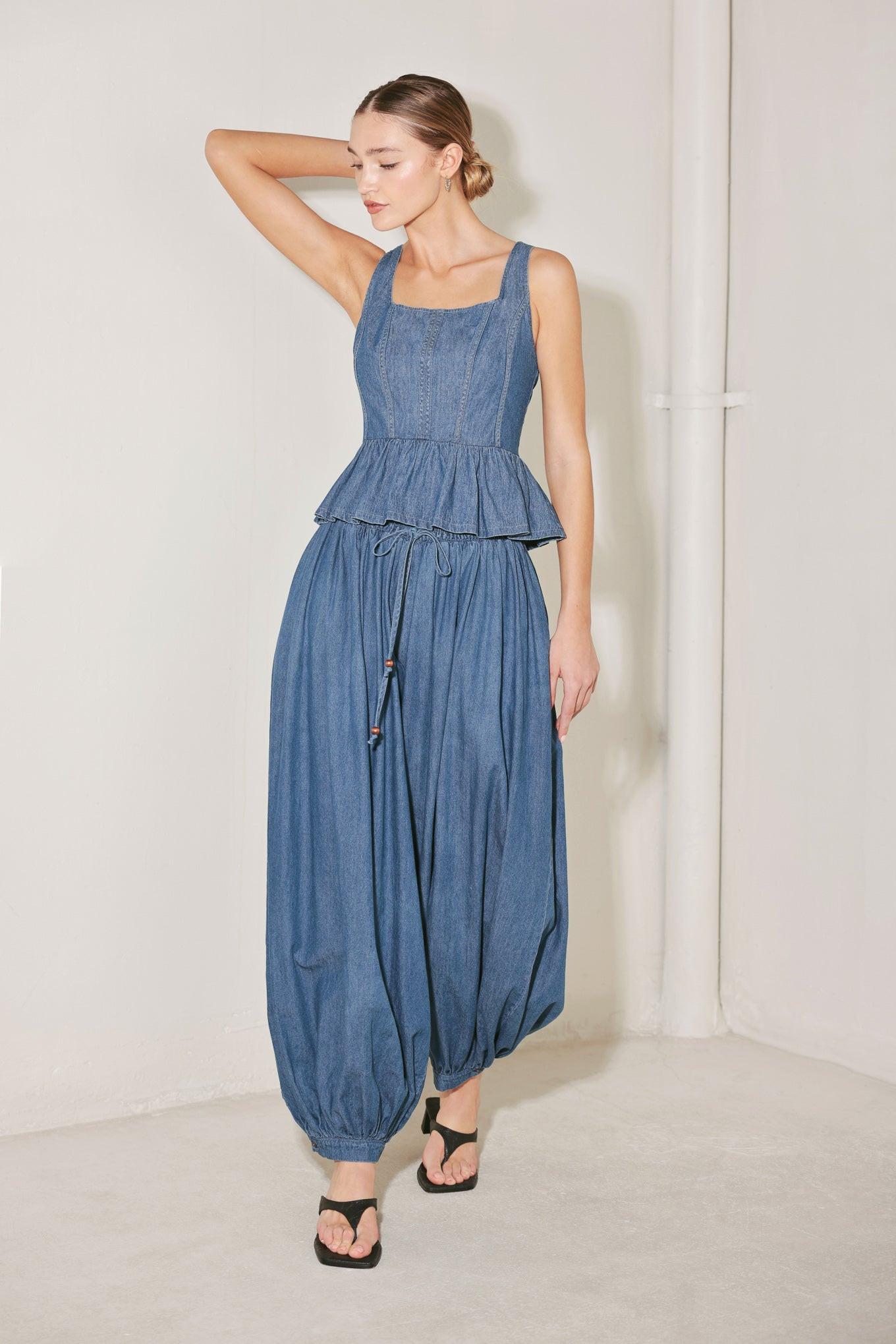 Soft Rebel Volume Woven Top in medium indigo, view 2 — Soul Flow Apparel