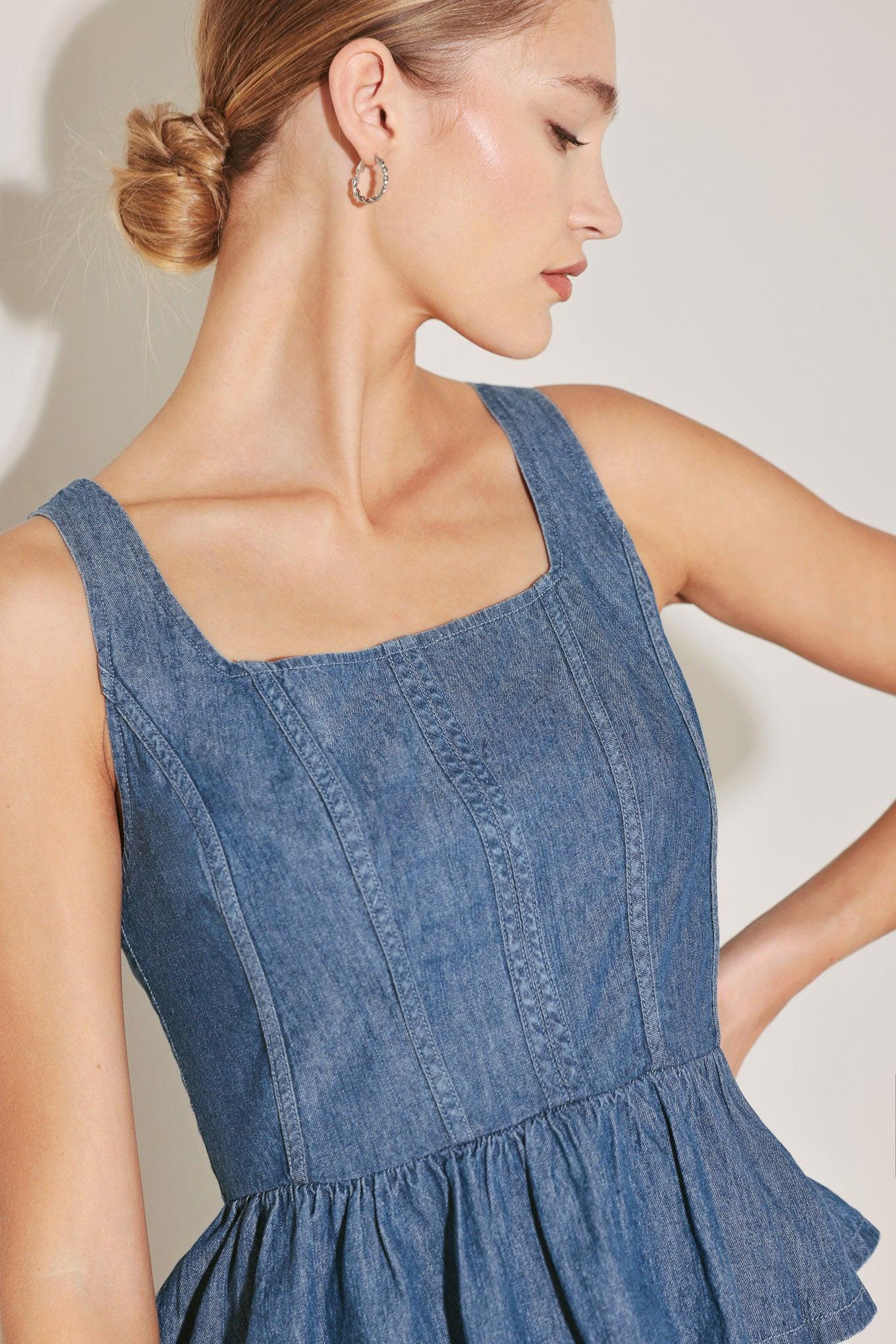 Soft Rebel Volume Woven Top in medium indigo, view 3 — Soul Flow Apparel