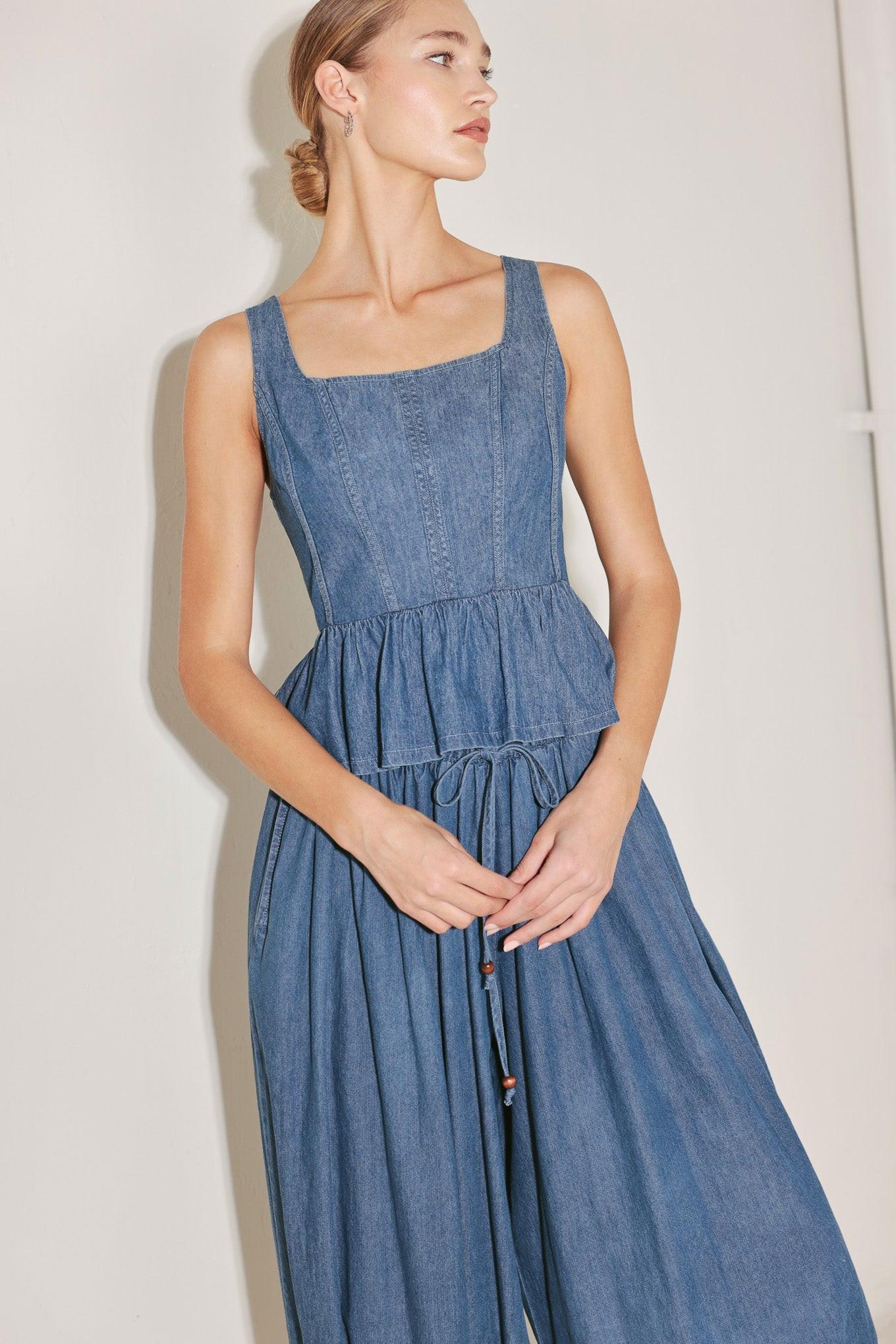 Soft Rebel Volume Woven Top in medium indigo, view 4 — Soul Flow Apparel