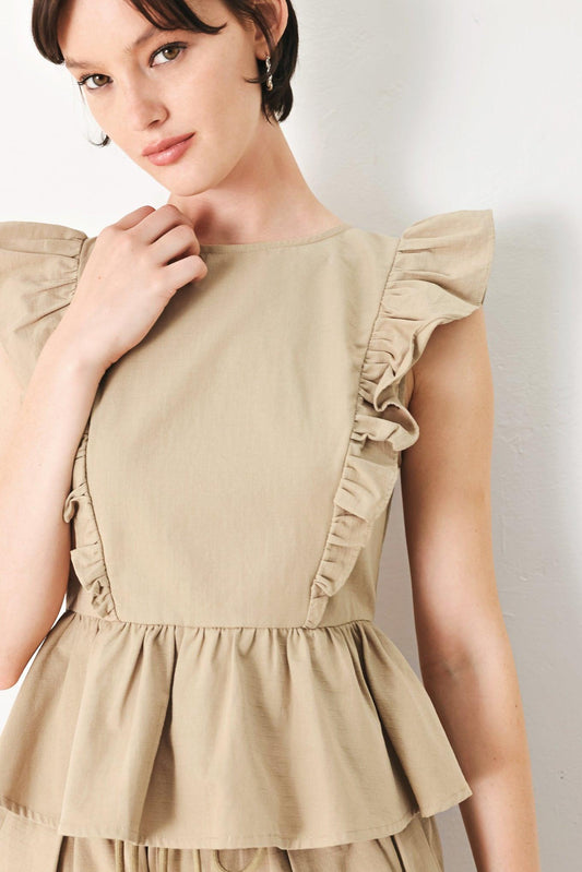 White Blossom Woven Top in khaki, view 12 — Soul Flow Apparel
