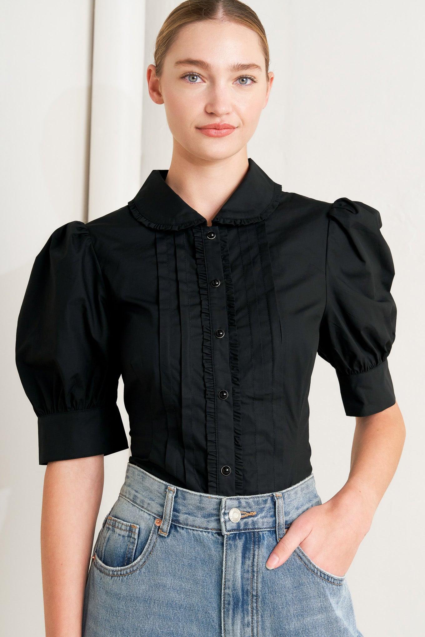 Refined Romance Woven Top in black, view 1 — Soul Flow Apparel