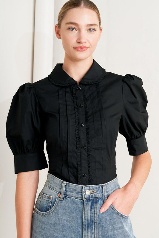 Refined Romance Woven Top in black, view 1 — Soul Flow Apparel