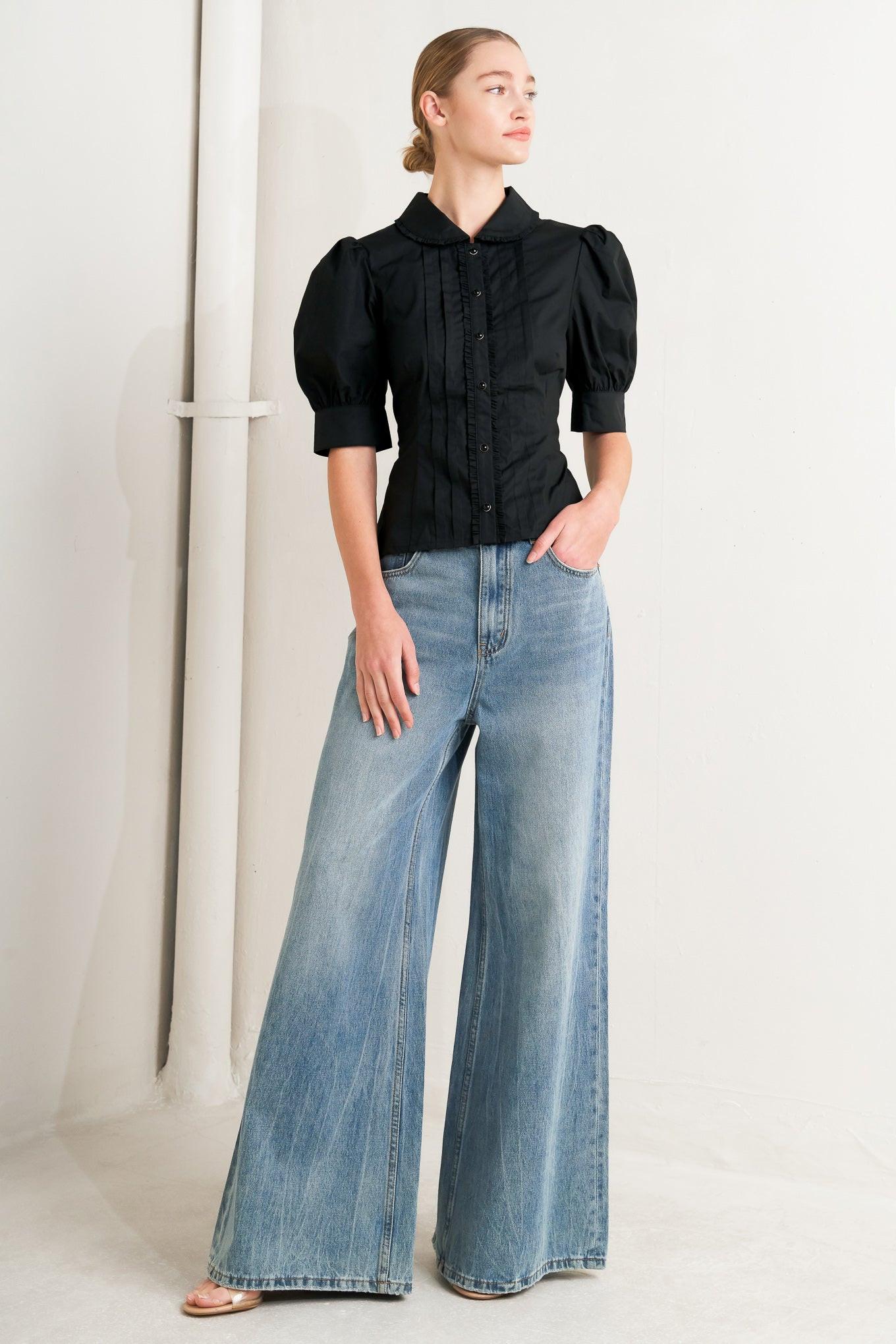 Refined Romance Woven Top in black, view 2 — Soul Flow Apparel