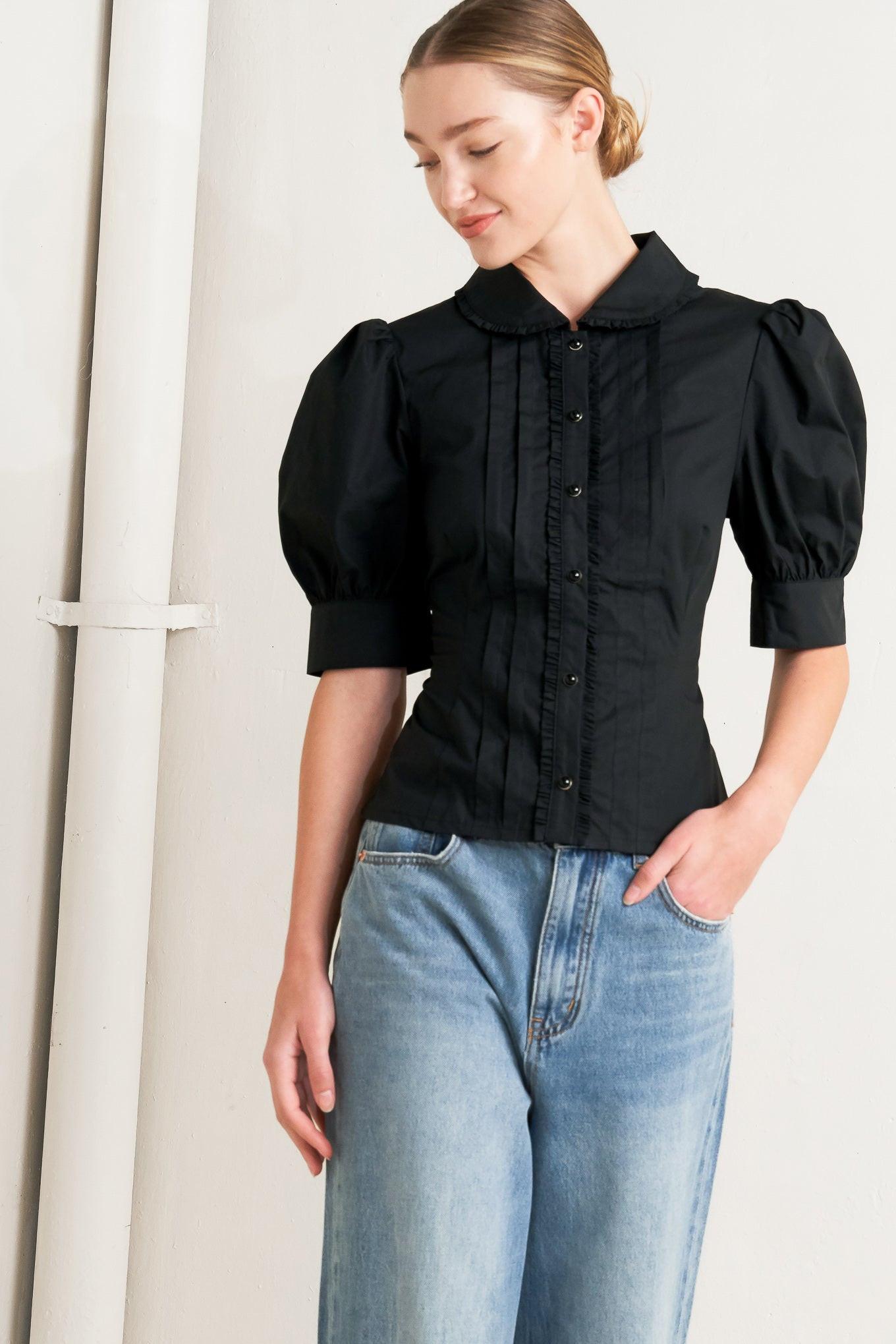 Refined Romance Woven Top in black, view 3 — Soul Flow Apparel