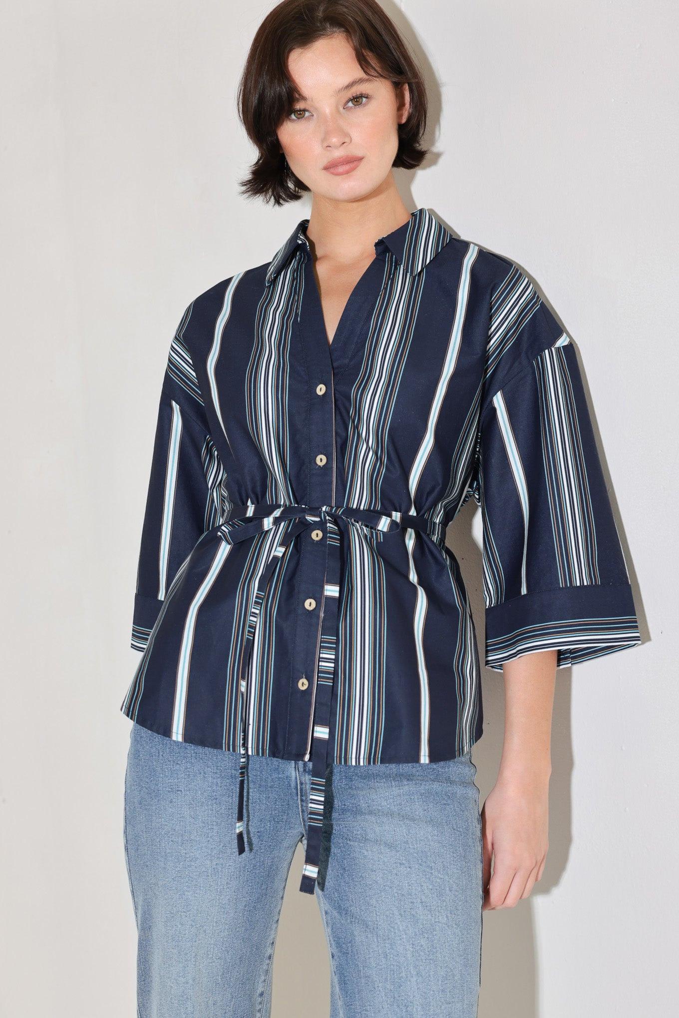 City Stripe Woven Top in navy multi, view 1 — Soul Flow Apparel