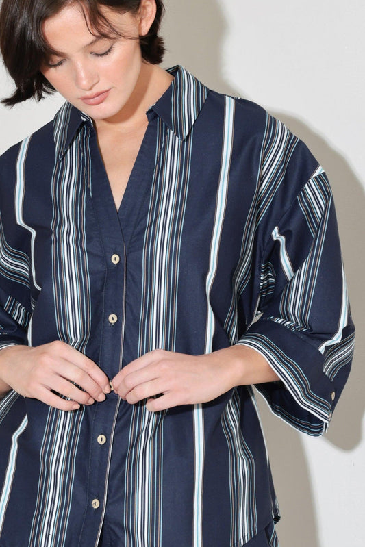 City Stripe Woven Top in navy multi, view 3 — Soul Flow Apparel