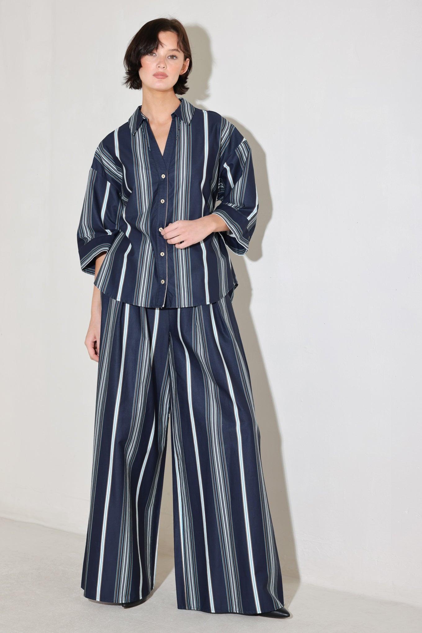 City Stripe Woven Top in navy multi, view 4 — Soul Flow Apparel