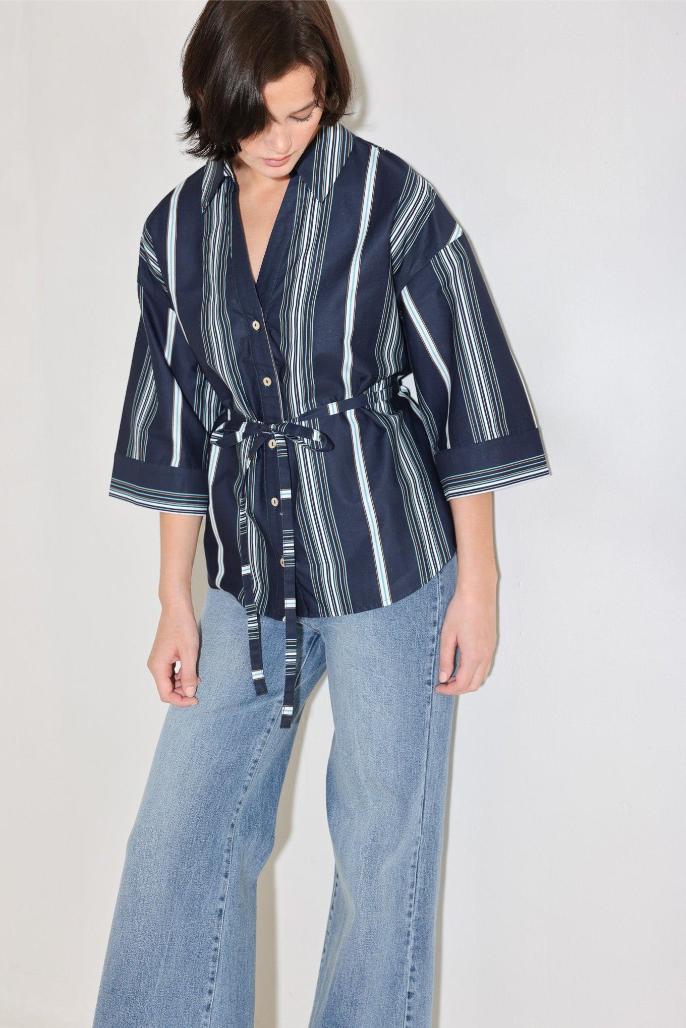 City Stripe Woven Top in navy multi, view 5 — Soul Flow Apparel