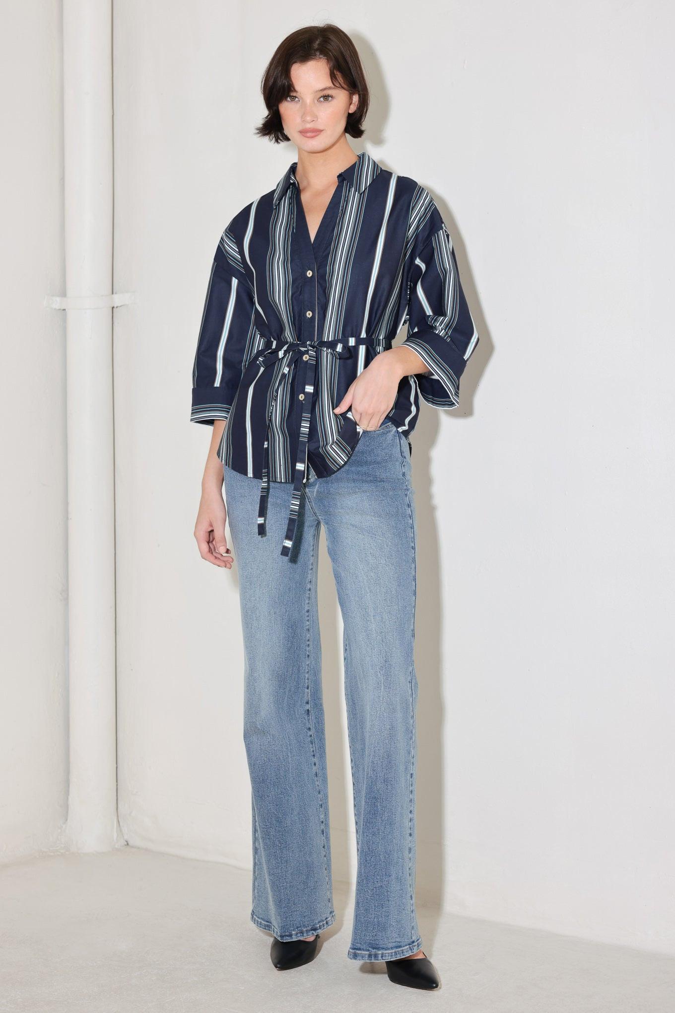 City Stripe Woven Top in navy multi, view 6 — Soul Flow Apparel