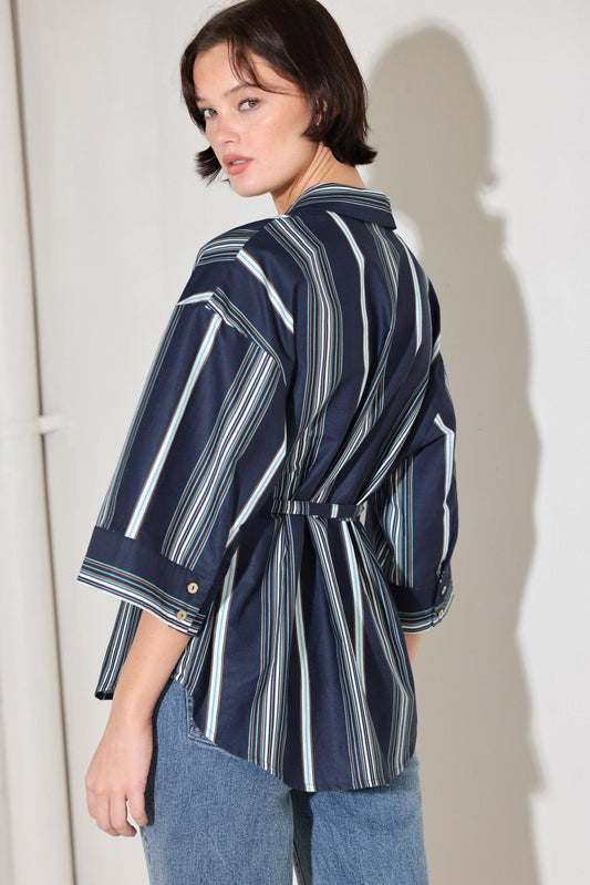 City Stripe Woven Top in navy multi, view 7 — Soul Flow Apparel