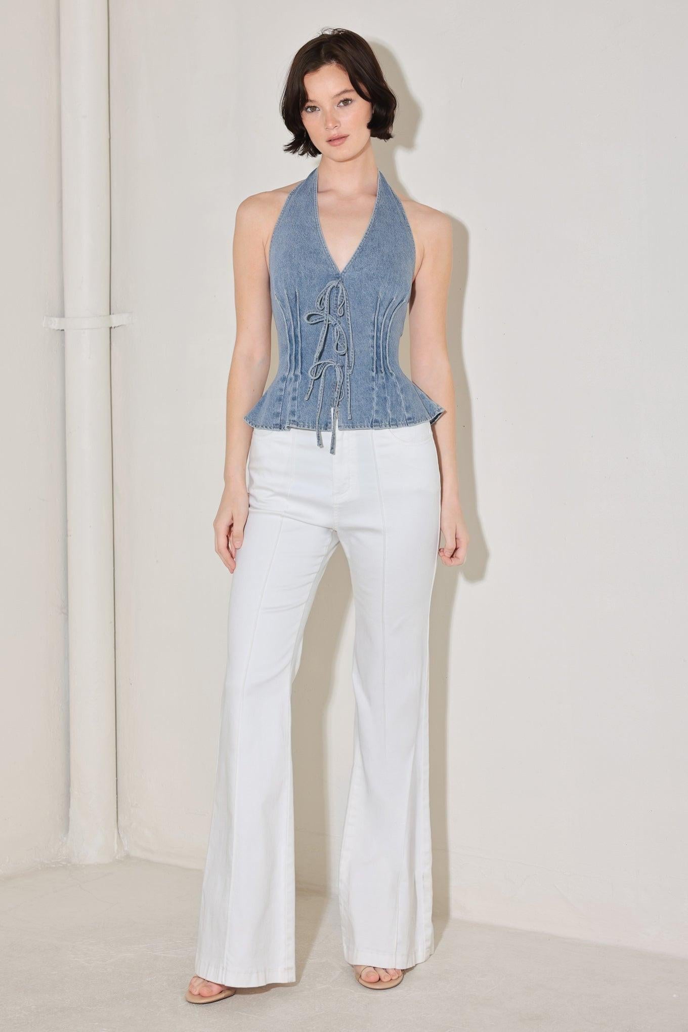 Retro Rise Halter Denim Top, view 1 — Soul Flow Apparel