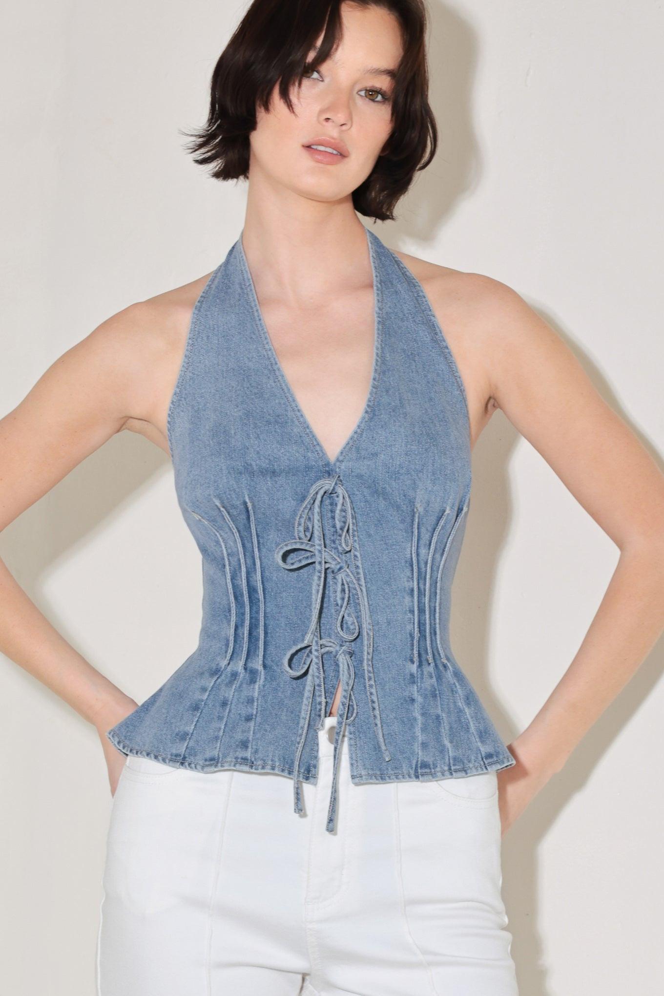 Retro Rise Halter Denim Top, view 2 — Soul Flow Apparel