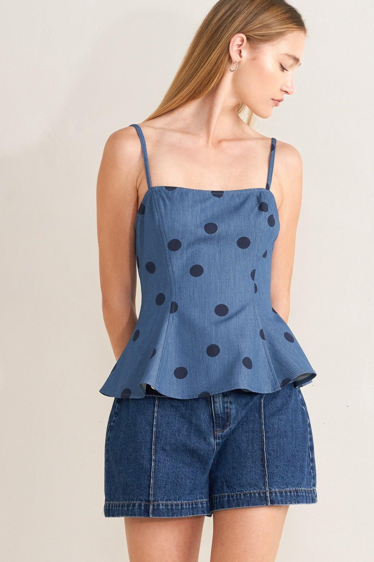 Midnight Polka Woven Top in denim blue, view 1 — Soul Flow Apparel