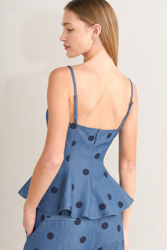 Midnight Polka Woven Top in denim blue, view 6 — Soul Flow Apparel