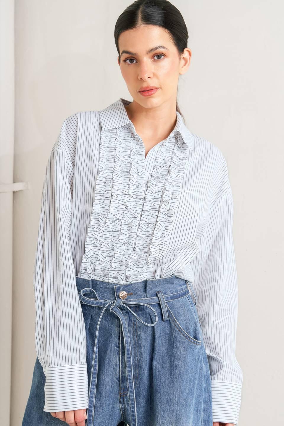 Daylight Edge Woven Top in white charcoal, view 6 — Soul Flow Apparel