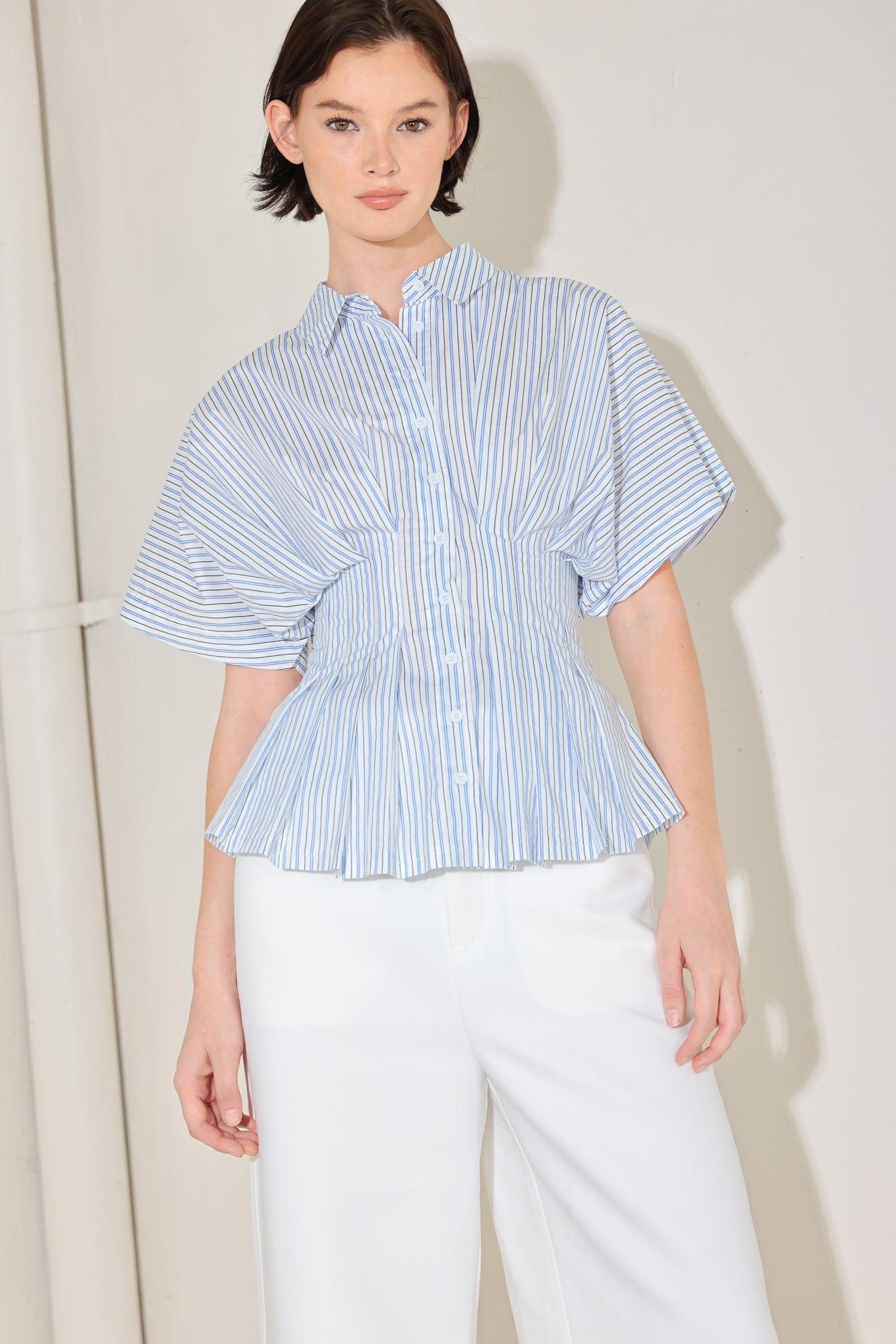 Skyline Stripe Woven Top in blue multi, view 4 — Soul Flow Apparel