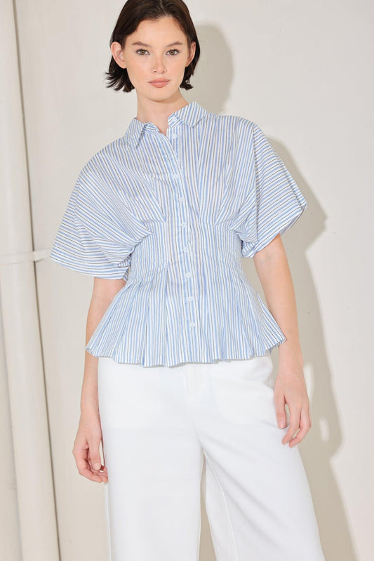 Skyline Stripe Woven Top in blue multi, view 4 — Soul Flow Apparel